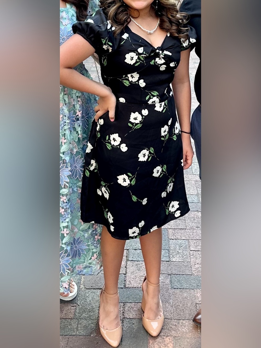 Girls Size 16 Black Floral A-Line Dress with Puff Sleeves